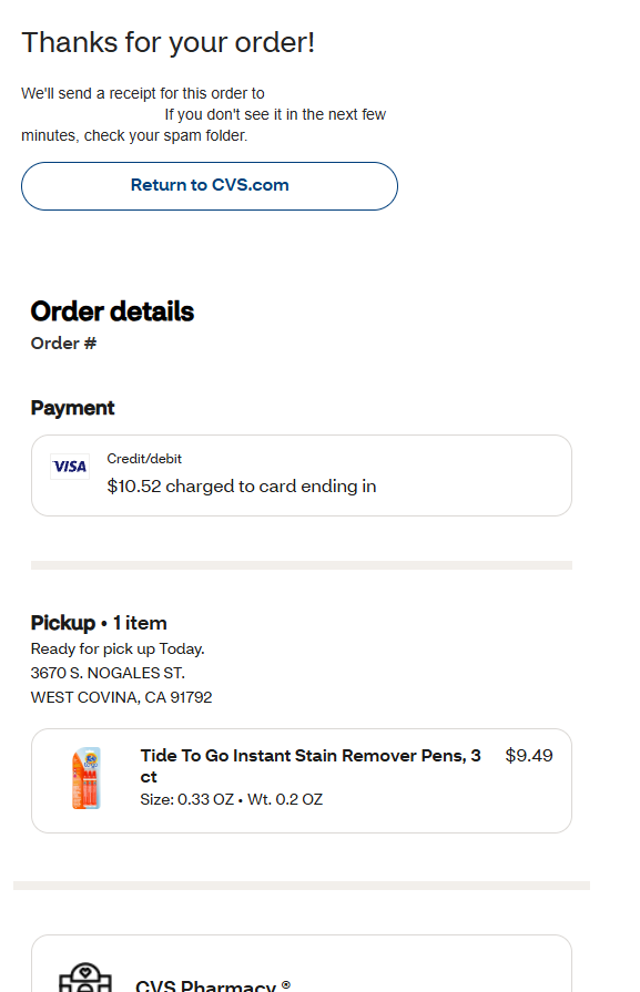 CVS.com order confirmation for Tide To Go stain-remover pens, showing a $10.52 online payment and in-store pickup.