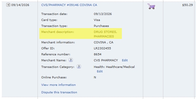 Bank of America transaction details for the $50.29 in-store CVS purchase, showing &ldquo;DRUG STORES, PHARMACIES&rdquo; and &ldquo;Online Purchase: N.&rdquo;