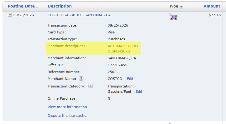 Bank of America transaction record for a $77.15 Costco Gas purchase showing the merchant description Automated Fuel Dispensers.