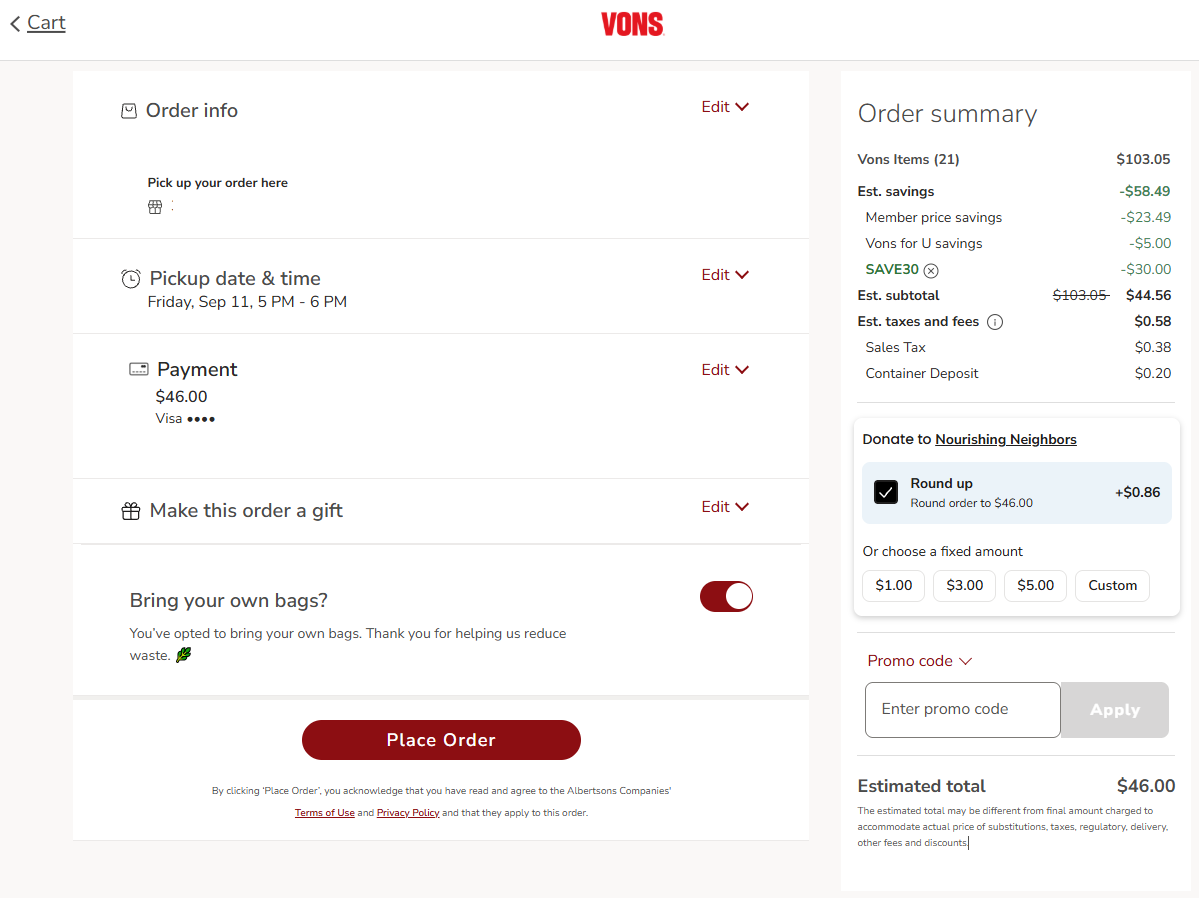Vons.com grocery pickup checkout showing card payment, a $46 estimated total, and $5 in Vons for U savings.