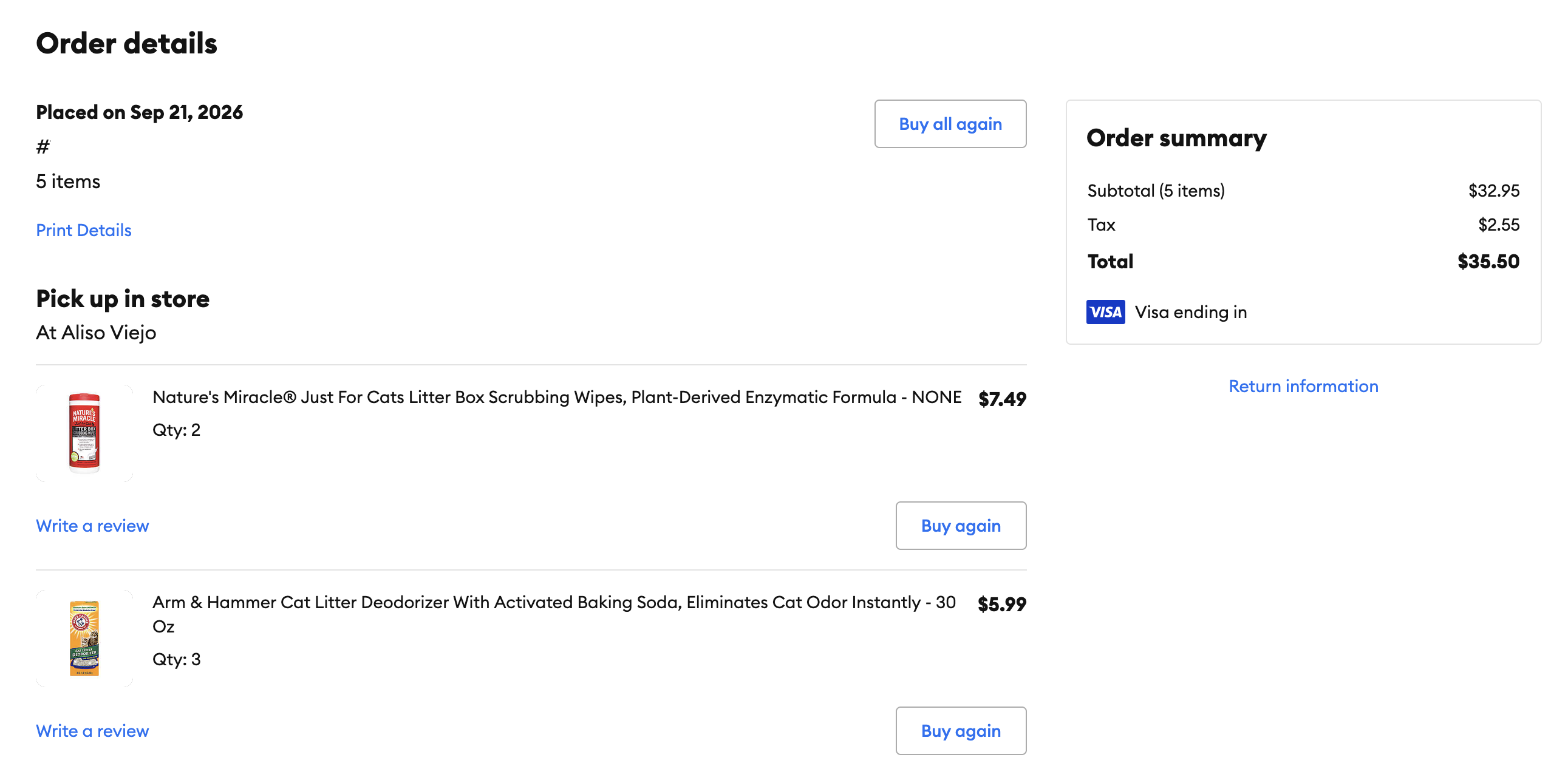 PetSmart order summary showing a $35.50 purchase of litter-box wipes and litter deodorizer for in-store pickup.