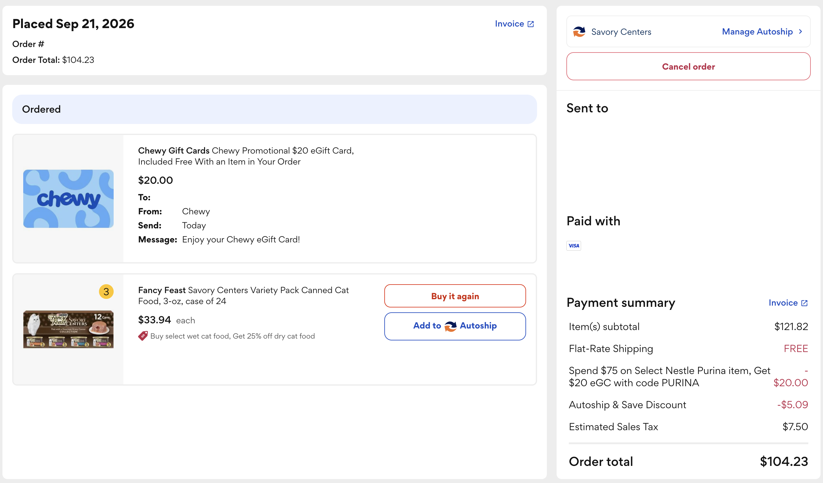 Chewy order summary showing a $104.23 total, $5.09 Autoship discount and free $20 promotional eGift Card.