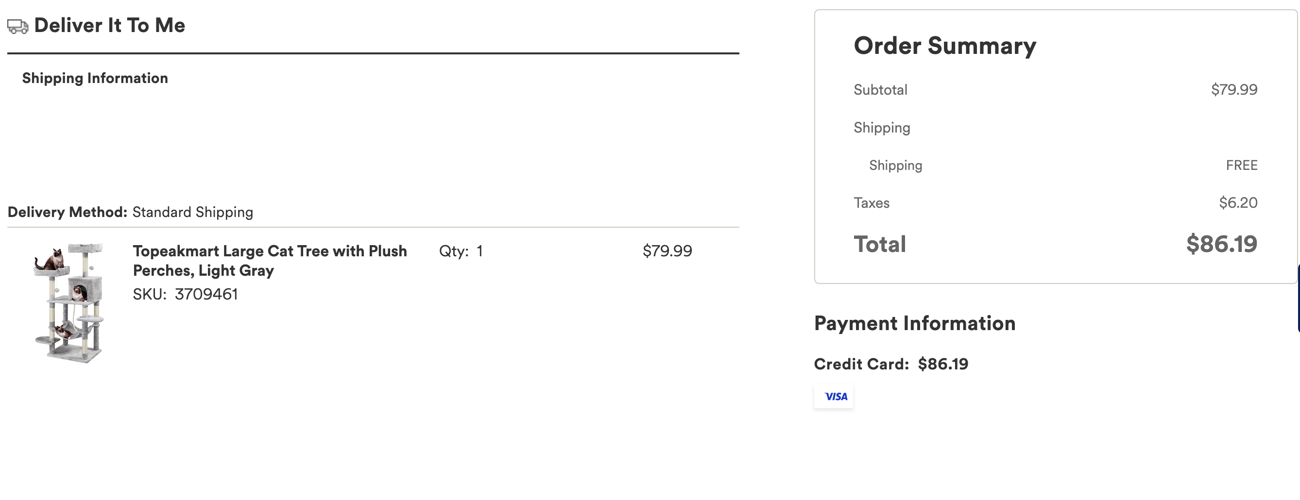 Petco.com order summary showing a cat tree purchase totaling $86.19 with free standard shipping.