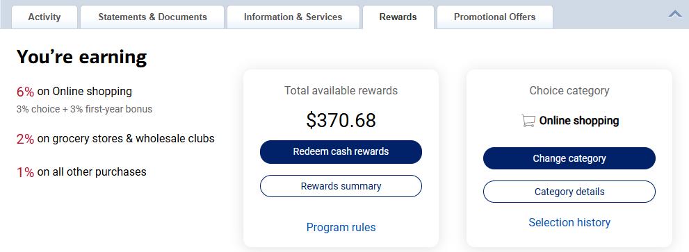 Customized Cash Rewards dashboard with Online Shopping selected and 6% displayed: 3% choice-category rewards plus a 3% first-year bonus.